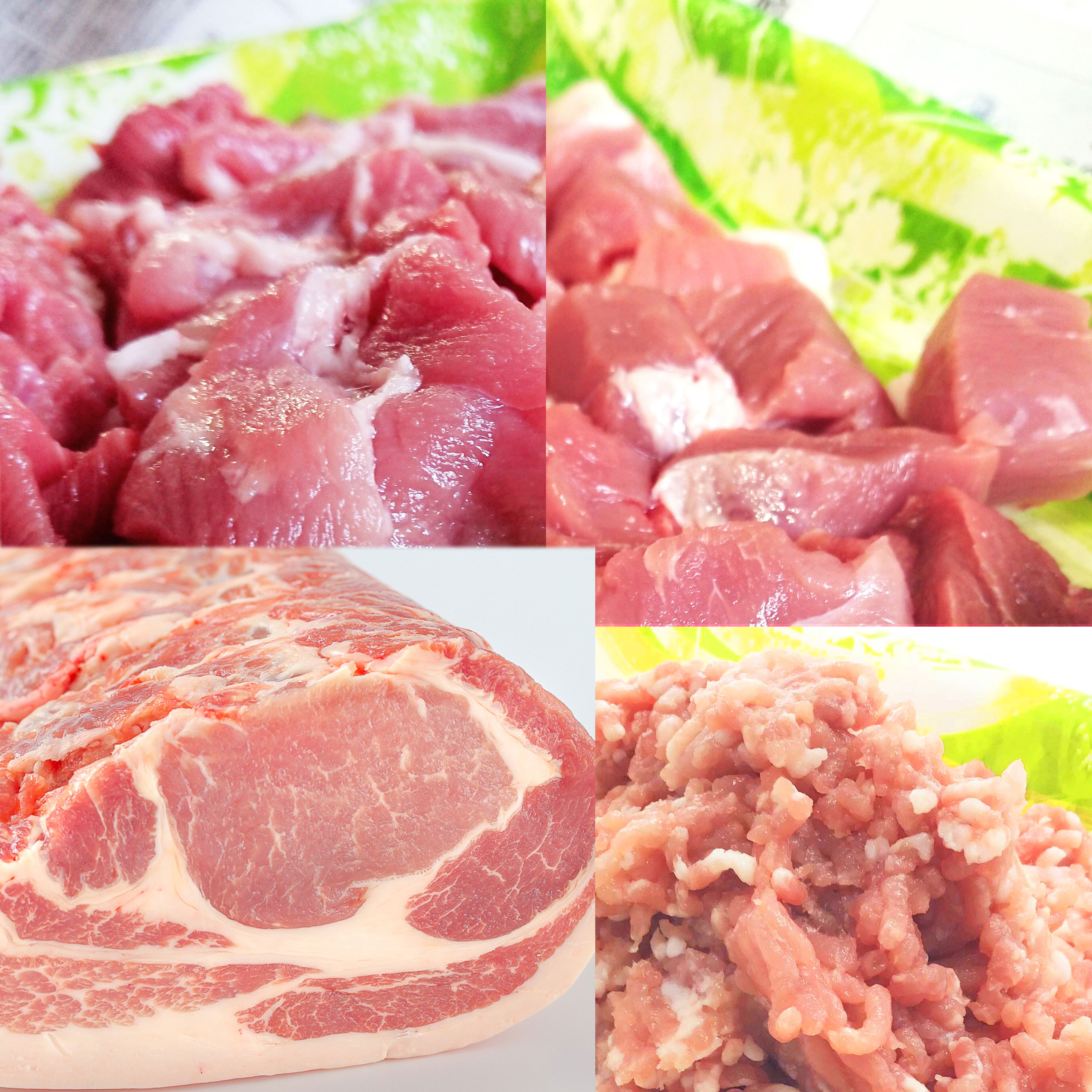 キッチン輝く4品セット[白金豚]ロ塊+ ス小間& 角小間& 挽肉 ロースかたまり肉500g+スライス小間・角小間・挽肉(各400g)