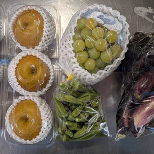 梨、ブドウ、オクラ、ナス