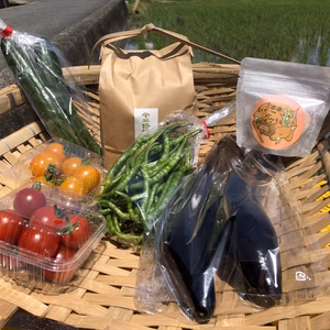 「旬の野菜4〜6品、お米、卵不使用いちごクッキー」のセット