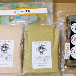 【らくらく大福餅パック(抹茶、プレーン)】と【やわはだ餅】、【琥珀糖】のセット