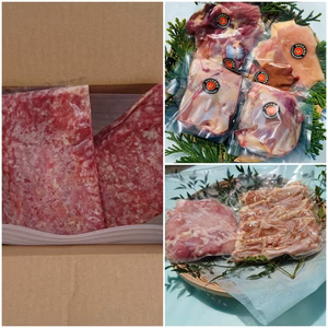 半身骨付きぶつ切りともも身むね身セット、手羽、焼き鳥用カット肉とミンチ2個セット