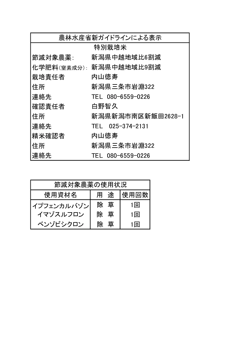 精米　内山農園のコシヒカリ【匠】（特別栽培米）