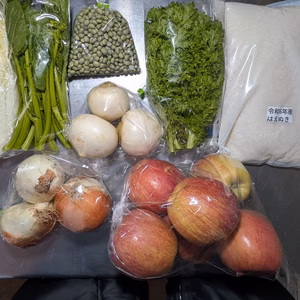 葉菜、カブ、玉ねぎ、青大豆、お米、リンゴ