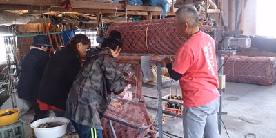 海苔養殖の仕事③｜種入れ作業（2万7000枚のカキ殻を入れるばい）