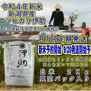 【10月～定期便】新米新潟コシ伊助8年連続農薬ゼロ　白米真空ﾊﾟｯｸ2Kg 
