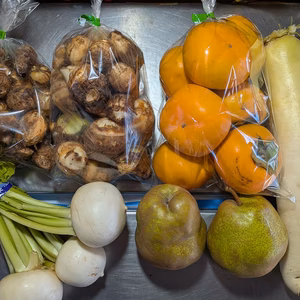 カキ、洋ナシ、ダイコン、サトイモ、カブ