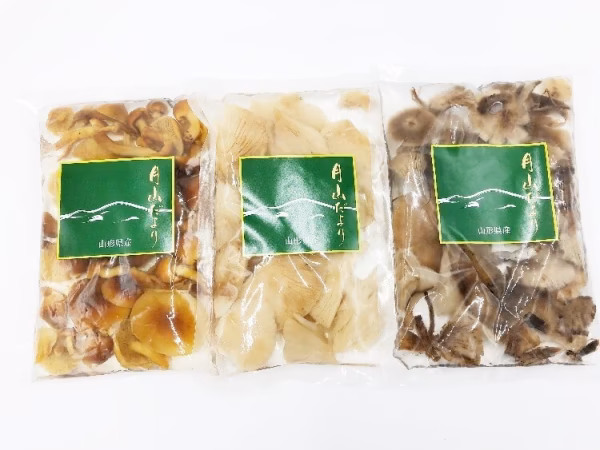 「山形県産 天然なめこ、むきたけ水煮 、１００ｇ各１袋　天然もだし水煮７０ｇ１袋