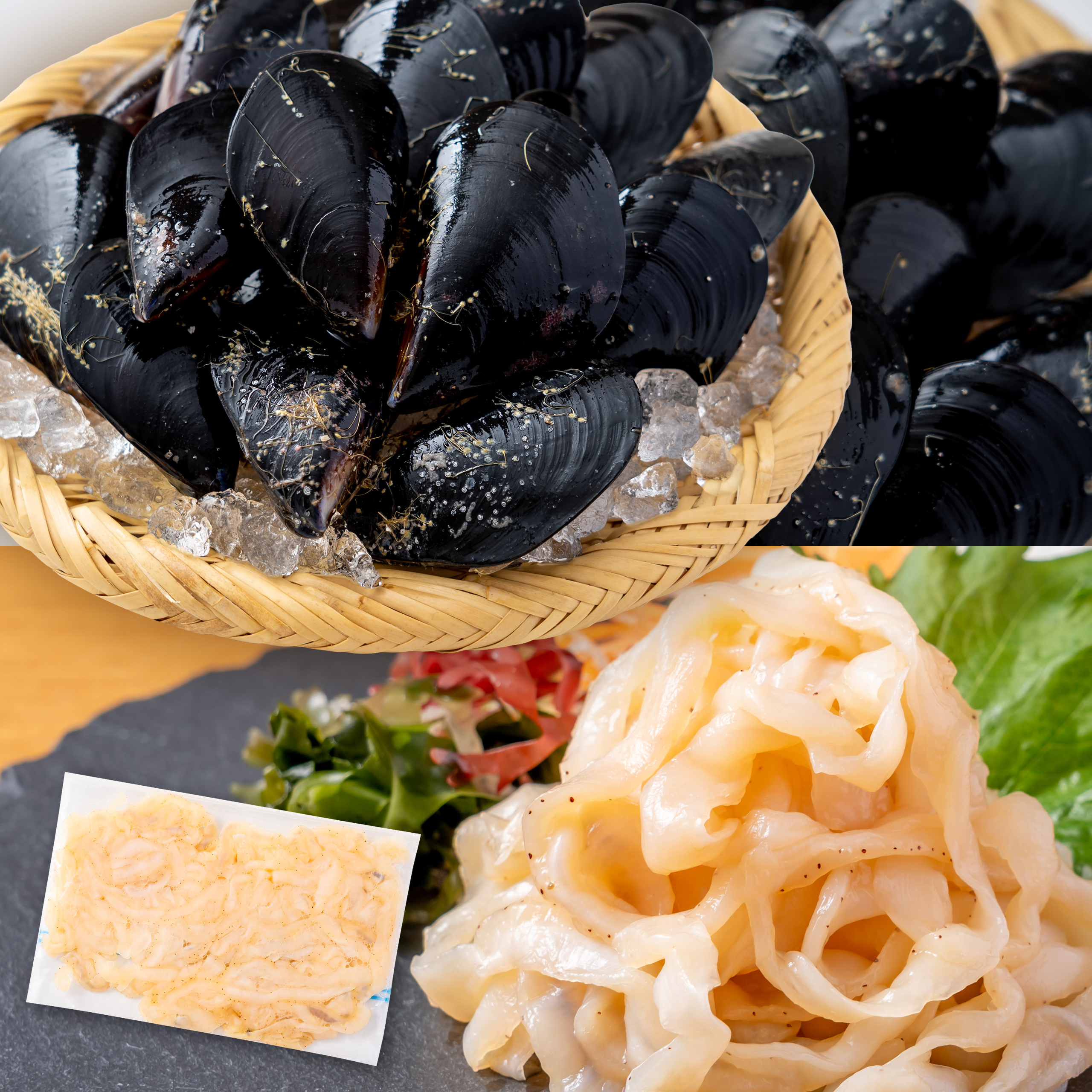 ムール貝(加熱用)&ホタテ貝ヒモ(生食用)|岩手県越喜来湾崎浜産 M1H1 ムール貝1kg/貝ヒモ1P