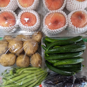 インゲン、キュウリ、ジャガイモ、長ナス、早生桃