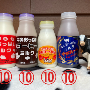 牛のおっぱいミルク10本、コーヒー10本、ヨーグルト10本、チョコ10本